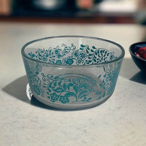 Pioneer Woman Clear Glass 1 QT Bowl Blue Teal Floral Pattern 4 cups Replacement - Picture 1 of 9